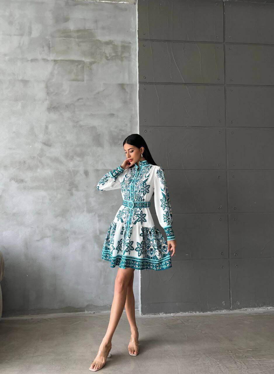 Bohemian Paisley Print Long Sleeve Mini Shirt Green Dress - Biamonde